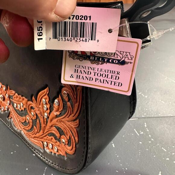 VTG Nocona Leather Purse Brown Black Orange Hand Tooled Floral 11x3x5 NWT - Picture 3 of 10